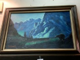 Framed Mountian Sceen with Black bear- Oil on canvas 36