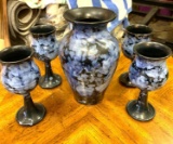 Ewenny Pottery Vase and 4 Matching Candle Holders