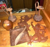 Wood Carving Lot- Vase, Pitchers, Knife Tray Etc