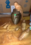 6 Wood Carved Birds and Ceramic Vase