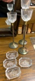 Brass and Glass Candle Holders and 4 Mini Glass Dishes