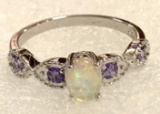 Oval Shaped White Fire Opal and Amethyst ring size 10