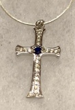 Sterling Silver Blue Sapphire and Topaz Cross Pendant and Chain