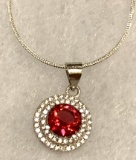 Ruby and White Topaz Sterling Silver Pendant and Chain