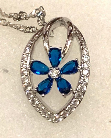Blue Sapphire Floral Pendant and White Topaz and Chain