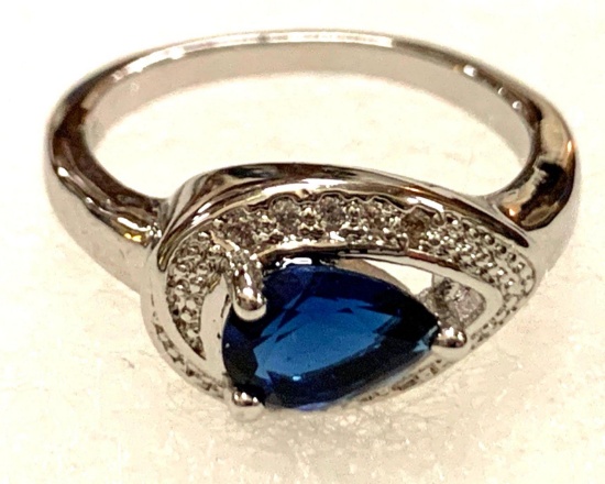 Pear Cut Blue Sapphire Ring Size 7.5