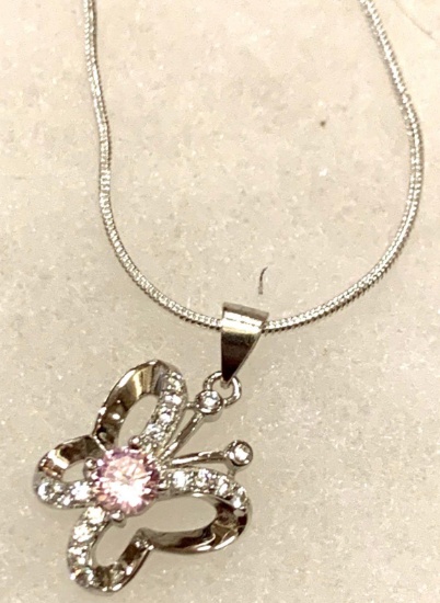 Pink Sapphire and White Topaz Sterling Silver Butterfly Pendant and Chain