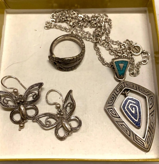 Sterling Silver Necklace, Earrings and Ring