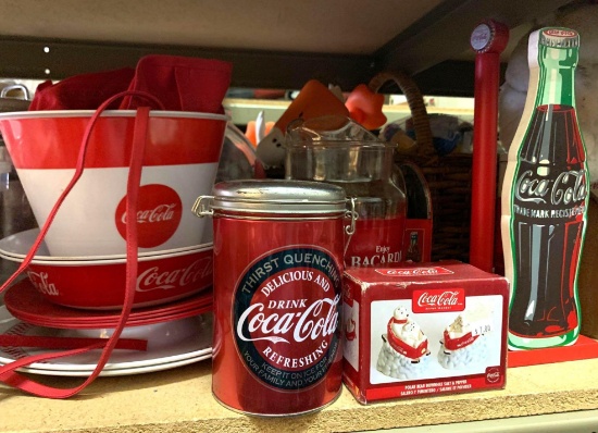 Coca Cola Lot with Kitchen Items- Salt and pepper shakers, Platter, Tin etc