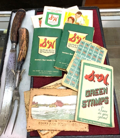 Vintage S&H Green Stamps and Wood Post cards And Antler Carving set