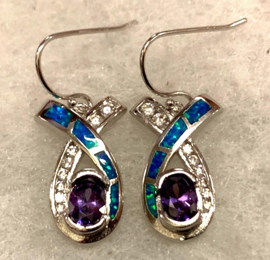 Amethyst and Australian Opal Inlay Sterling silver Earrings