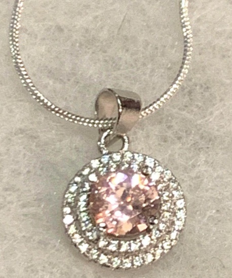 Sterling Silver Pink Sapphire and White Topaz Pendant and Chain