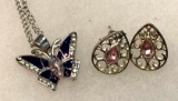 Pink CZ Butterfly Necklace and earrings