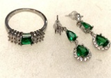 Princess Cut Emerald and White sapphire Ring Size 8 and Pear Cut Earrings