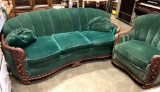 Antique Green Sofa with Carved Wood arms and Base with Matching Chairs
