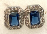 Princes Cut Blue Sapphire and White Topaz Stud Earrings