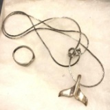 Sterling Silver whale Tail Pendant and Chain and Sterling Silver Kids Ring