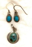 Sterling Silver and Turquoise Earrings and Sterling Silver and Turquoise Pendant