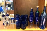 Blue Glass Lot- Wine Bottles, Glasses and Salt and Pepper Shakers