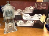 Crystal Table Clock and New Set of 3 24kt Gold Trimmed Flatware caddies