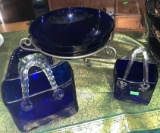 Blue Glass Purses, Bowl and Plate