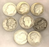8 Silver Dimes (2 Are Mercury) 1937-1964