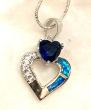 Blue Sapphire and Austrian Opal Inlay Sterling Silver Heart Pendant and Chain