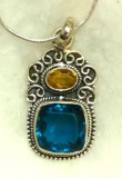 10ct Sterling Silver Apatite and Citrine Pendant and chain