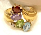 Sterling Silver Peridot, Ruby, Amethyst and Aquamarine Ring Size 7