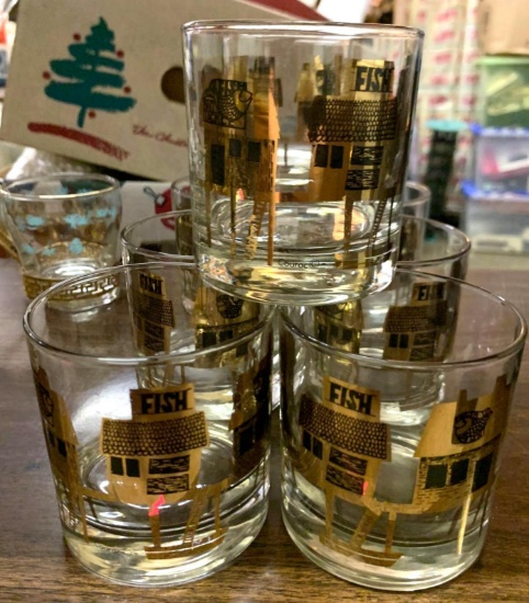 8 Vintage MCM Couroc of Montery 22kt Gold Fishermans Warf Low Ball/Rock Glass- No Damage-