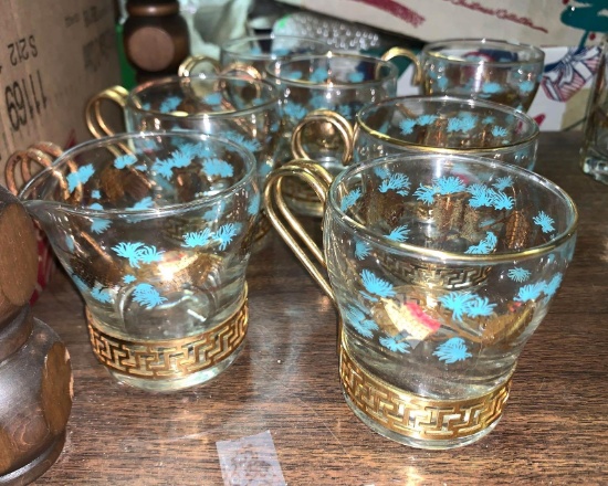 6 Vintage MCM Hot Toddy- Egg Nog Glasses with Gold Tone Holders and 1 Matching Pitcher- No damage