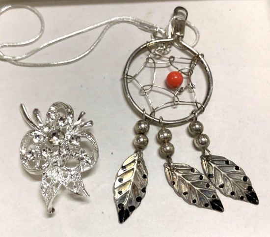 White Rhinestone Pin and Dream Catcher and Sterling Silver Chain
