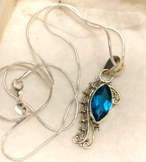 London Blue 1 2/3" Long Sterling Silver Pendant and Chain