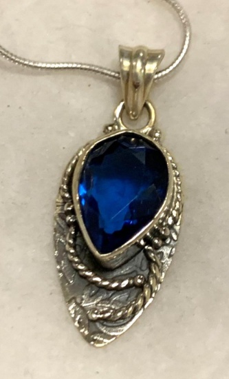 3ct Sterling Silver Blue Sapphire 1 1/3" Long Pendant and Chain