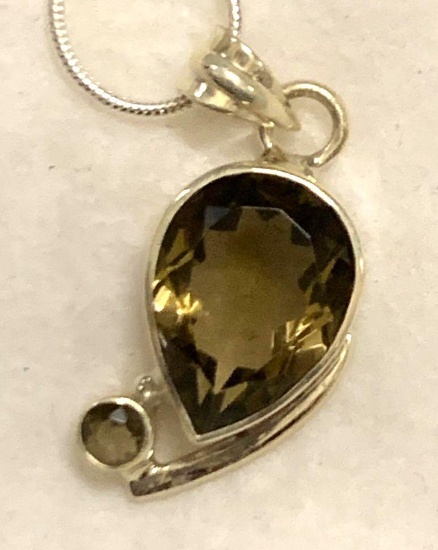 8ct Sterling Silver Smoky Topaz 1 1/3" Long Pendant and Chain