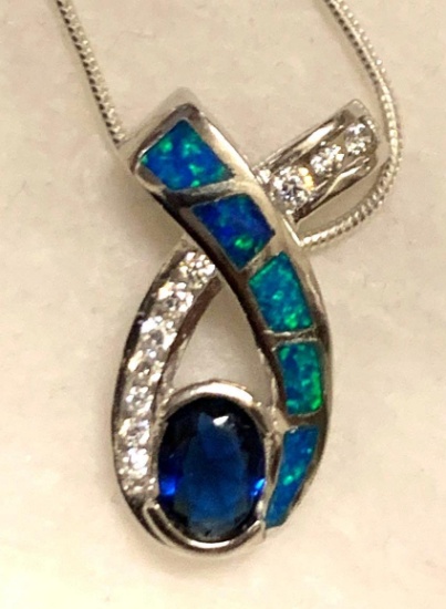 Blue Sapphire and Austrian Opal Inlay Sterling Silver Pendant and Chain