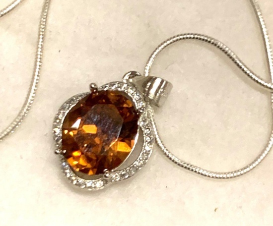 8ct Sterling Silver Padparadscha Sapphire and White Topaz Pendant and Chain