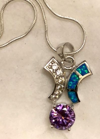 Amethyst and Australian Opal Inlay Sterling Silver Topaz Pendant and chain