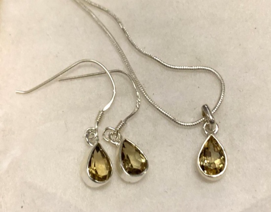 3ct Sterling Silver Citrine Pendant and Chain with Matching Earrings
