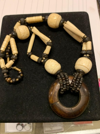 17" Bone and Wood Bead Necklace