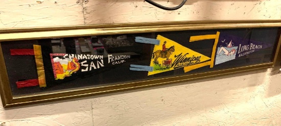 Framed 3 Vintage Banners- Long Beach, Winnipeg and China Town