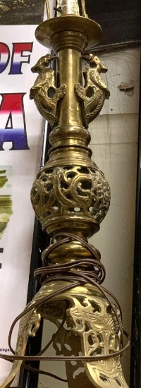 Vintage Ornate Solid Brass Pierced- Chased Table Lamp with Dragons- Working