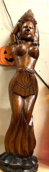 Hindu Wooden Hand Craved Women Statue