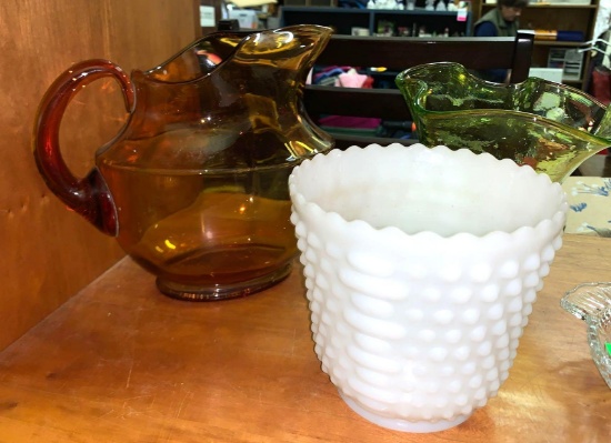 3 Pieces Glass - Milk Glass, Amber Glass and Blown Glass Vase
