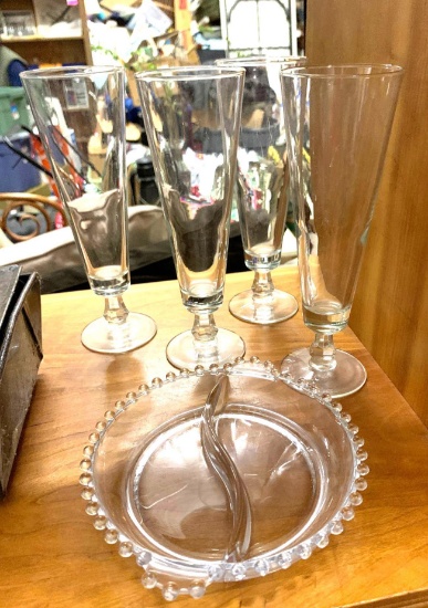 4 Pilsner Glasses and Glass Relish Tray