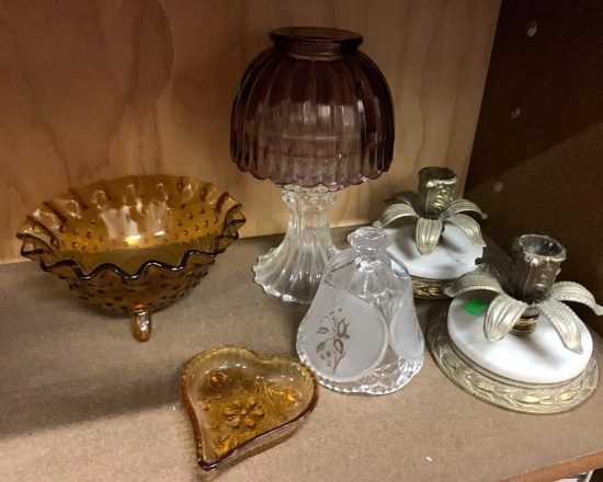 Candle Holders, Crystal Bell and Gold Glassware