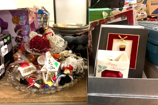 2 Tier server tray with ornaments, Cards etc
