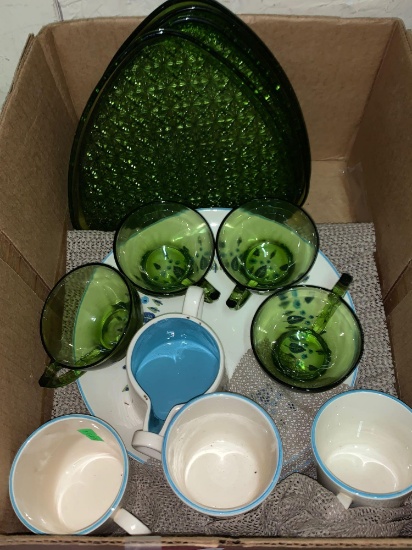 2 Snack and Cup Sets- 1 is Green Glass