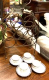 Wine Rack and 4 Tea Cups and Saucers