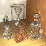 Vintage 4 Pieces - Cut Crystal 3 Perfume Bottles and 1 Hour Glass